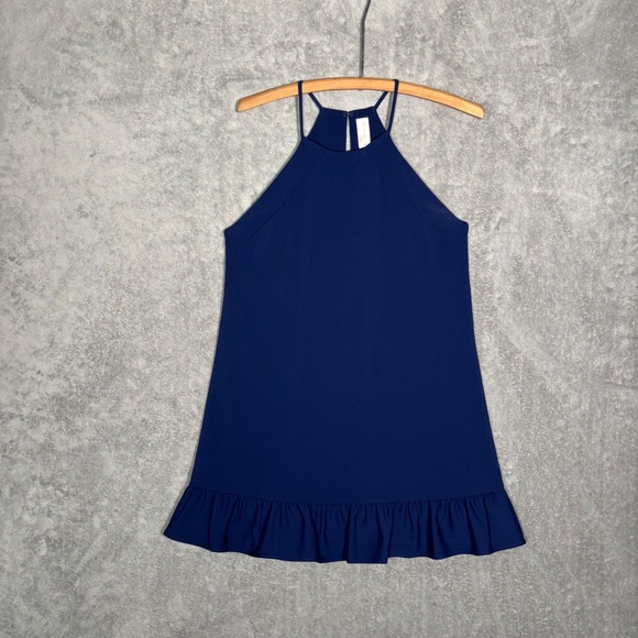 Amanda Uprichard Navy Blue Halter Ruffle Hem Mini Dress Womens Small Made in USA